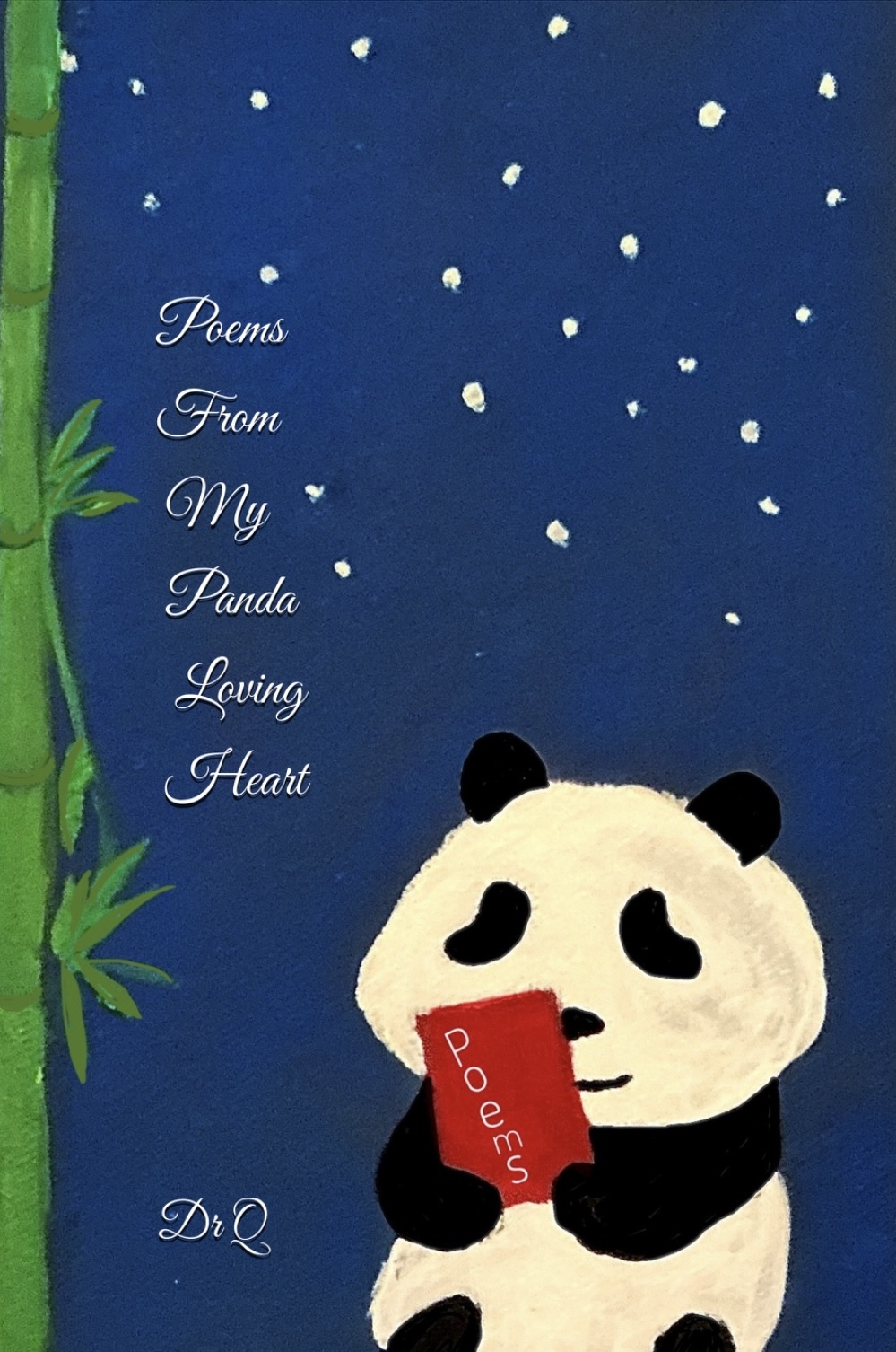 Cover painting by Dr Q: a panda sits beneath a starry deep-blue sky, holding a small red book labeled Poems; bamboo grows at the left.